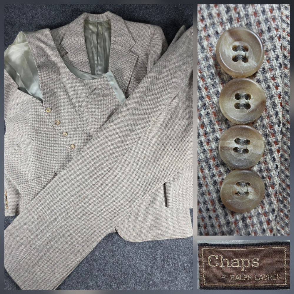 VTG Ralph Lauren Chaps 3Pc Suit Men 42R 34x30 Tan Brown Houndstooth Tweed Blazer